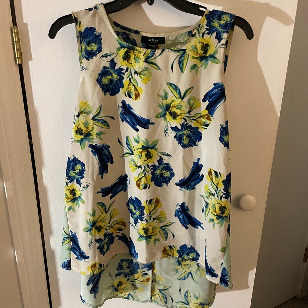 Alfani Floral High-Low Blouse – Blue & Yellow Watercolor Print – Size PL